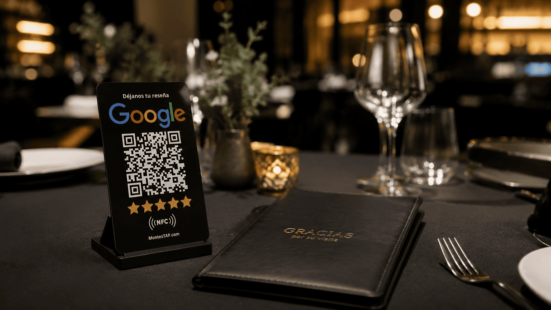 Tarjeta NFC para pedir reseñas en Google junto a la cuenta de un restaurante