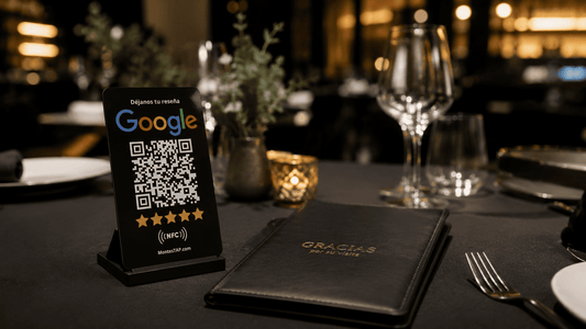 Tarjeta NFC para pedir reseñas en Google junto a la cuenta de un restaurante
